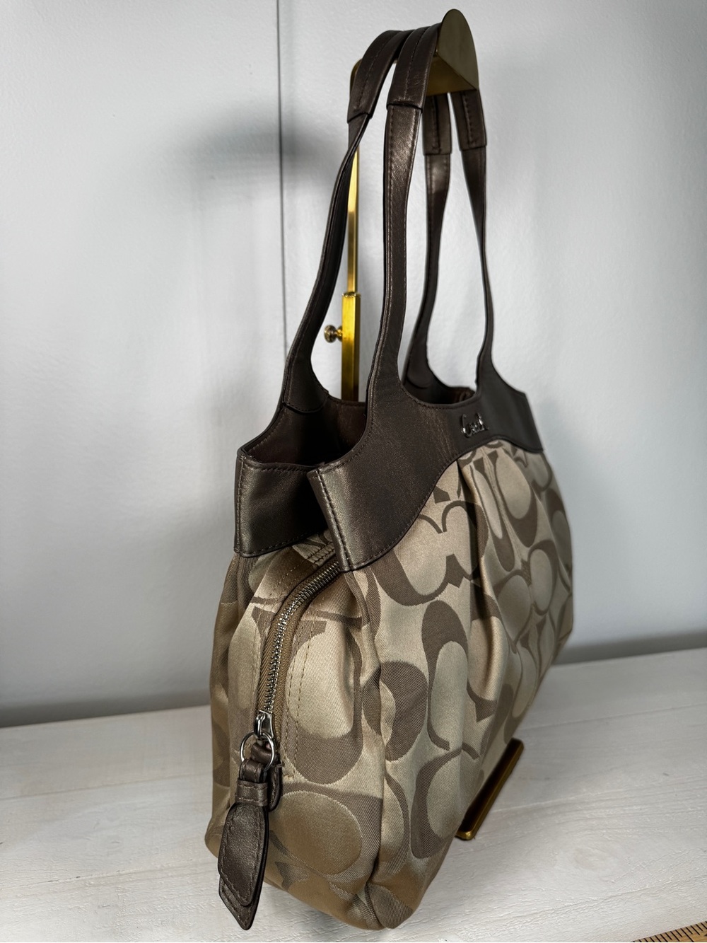 Coach F18828 Signature Satin Pleated Tote Shoulder Bag Pewter Bronze - Picture 2 of 16